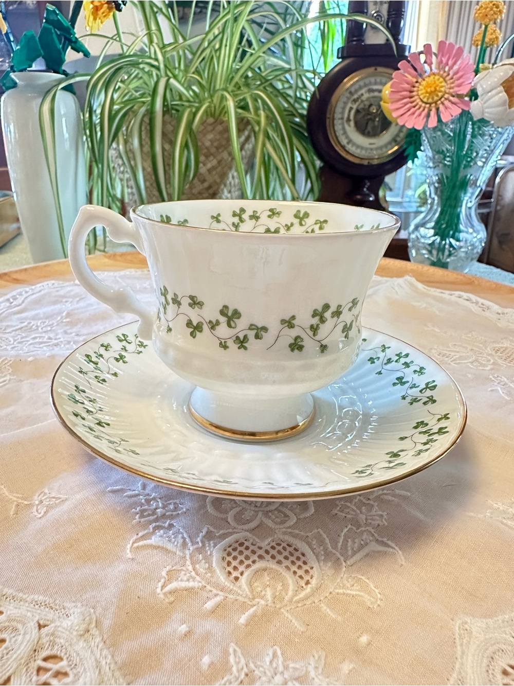 Vintage Royal Tara Galway Ireland Shamrock Trellis Tea Cup Saucer Set